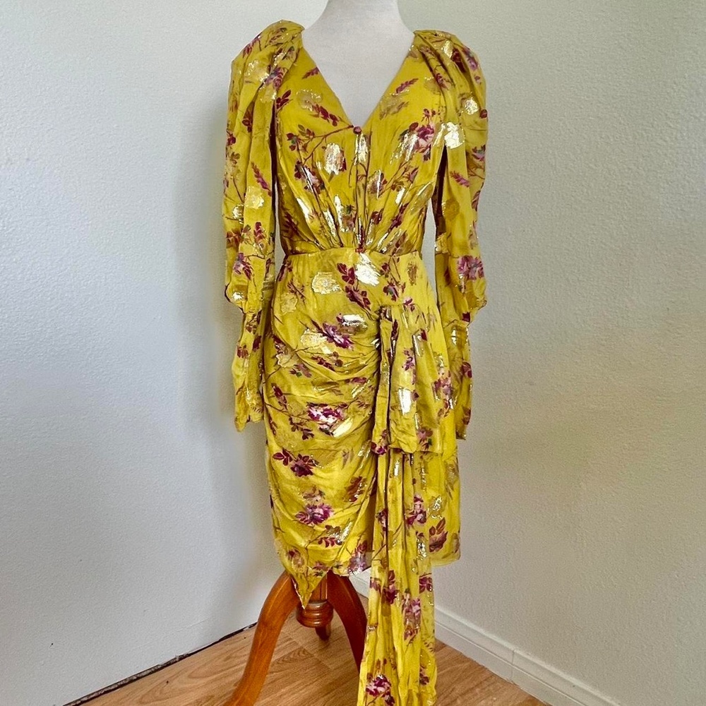 Flor et al Ruffle Silk floral yellow Dress Sz 6 Cocktail Spring